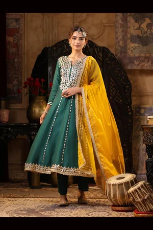 SCAKHI Embroidered Panelled Dupion Silk Anarkali Kurta with Trousers & Dupatta
