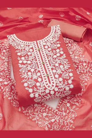 Kalini Floral Embroidered Thread Work Chanderi Cotton Unstitched Dress Material