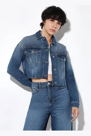 ONLY Women Spread Collar Washed Self Design Cotton Casual Denim Jacket