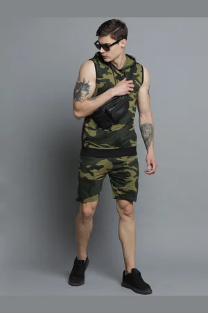 Maniac Men Camouflage Printed Cotton Hooded Sweatshirt & Shorts Tracksuit