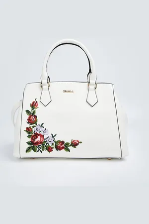 Lifestyle Women Floral Embroidered Satchel Bag With Detachable Sling Strap