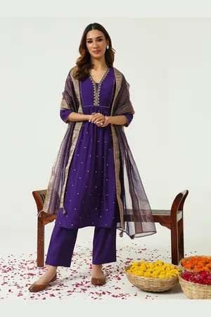 FIORRA Floral Embroidered Zari Work Chanderi Cotton A-Line Kurta with Trousers & Dupatta