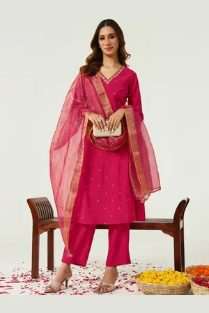 FIORRA Floral Embroidered Sequinned Chanderi Cotton A-Line Kurta with Trousers & Dupatta