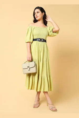 SHOWOFF Women Off-Shoulder Puff Sleeve Crepe Fit & Flare Midi Dress