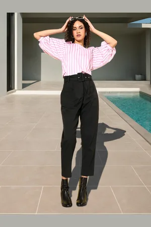 Mast & Harbour Women Solid High-Rise Pure Cotton Trousers Comes With A Belt