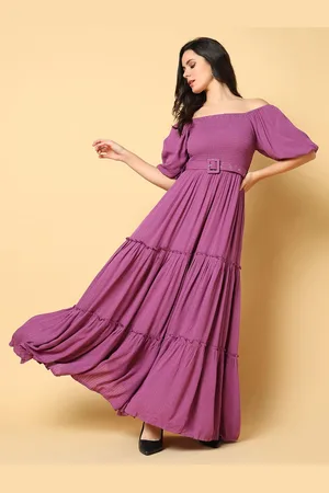 SHOWOFF Women Off-Shoulder Puff Sleeves Fit & Flare Maxi Dress
