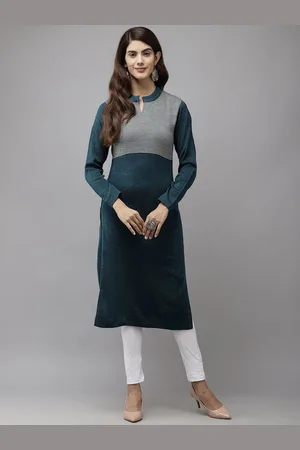 Cayman Woven Design Long Sleeves Mandarin Collar Straight Woolen Kurta