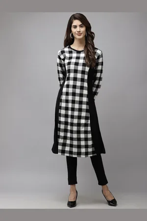 Cayman Checked Printed Round Neck A-line Kurta