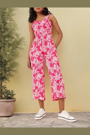 DressBerry Getaway Printed Ruched Shoulder Straps Smocked Jumpsuit