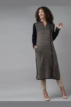 Cayman Woven Design Long Sleeves Mandarin Collar Straight Woolen Kurta