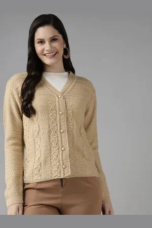 Cayman Women Cable Knit V-Neck Wool Cardigan Ribbed Sweater