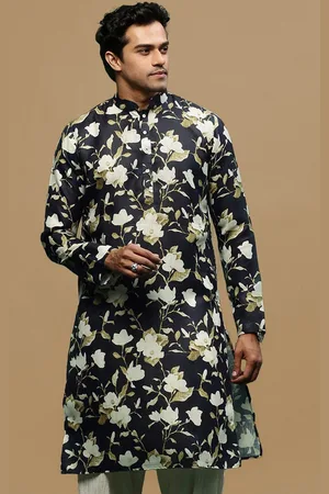 Sanwara Floral Printed Mandarin Collar Linen Straight Kurta
