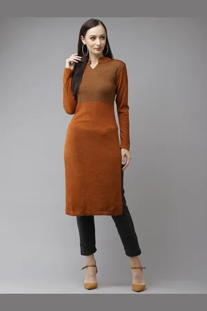 Cayman Woven Design Long Sleeves Mandarin Collar Straight Woolen Kurta