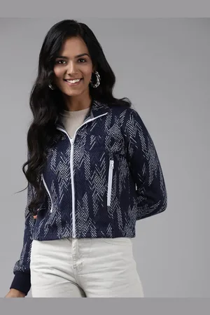 Cayman Women Chevron Printed Mock Collar Cotton Front-Open Sweatshirt