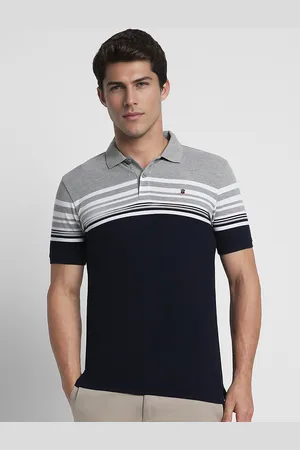 Louis Philippe Men Grey & Navy Blue Striped Polo Collar T-shirt