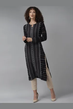 Cayman Striped Woven Design Notch Neck Woollen Kurta