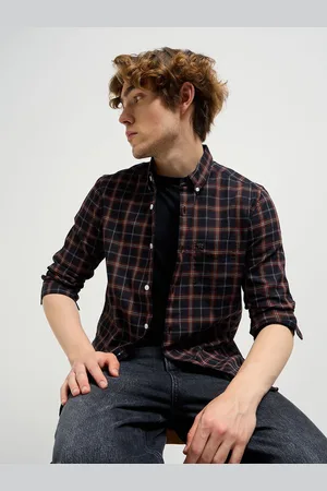 The Bear House Men Button-Down Collar Tartan Checked Cotton Casual Shirt