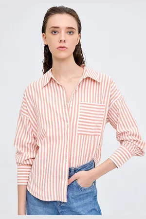 COVER STORY Women Spread Collar Vertical Striped Cotton Casual Shirt