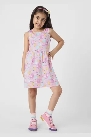 Nauti Nati Floral Girls Printed Sleeveless Round Neck Pure Cotton Casual Dress