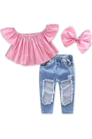 LULU & SKY Girls Top with Ripped Jeans & Hairband