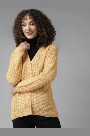 Cayman Women Cable Knit V-Neck Wool Cardigan Sweater