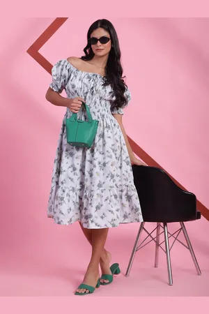 DressBerry Floral Print Off-Shoulder Puff Sleeve Women Fit & Flare Dress