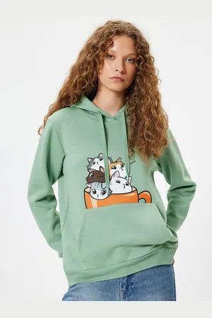Koton Women Graphic Printed Hood Cotton Pullover Sweatshirt