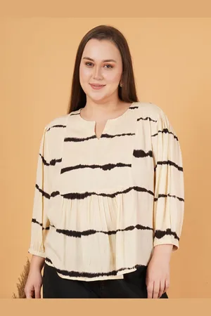 Sztori Women Horizontal Stripes Printed Round Neck Plus Size Top