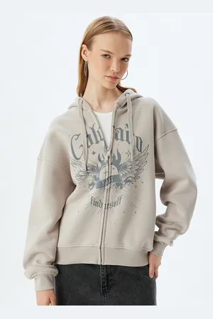 Koton Women Typography Printed Hood Cotton Front-Open Sweatshirt