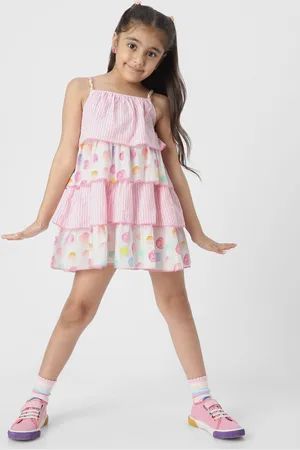 Nauti Nati Girls Striped Shoulder Straps Layered Pure Cotton A-Line Dress