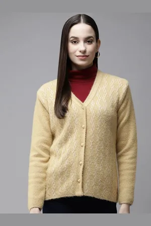 Cayman Women Cable Knit V-Neck Wool Cardigan Sweater