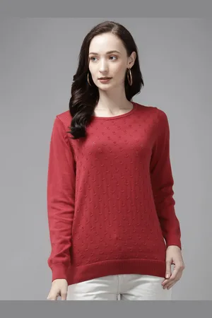 Cayman Women Ribbed Self Design Round Neck Wool Pullover Ribbed Sweater