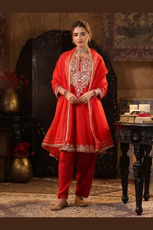SCAKHI Ethnic Motifs Embroidered Gotta Patti Dupion Silk Kurta With Salwar & Dupatta