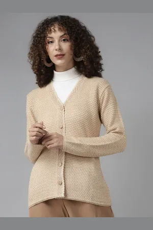 Cayman Women Open Knit V-Neck Wool Cardigan Ribbed Sweater