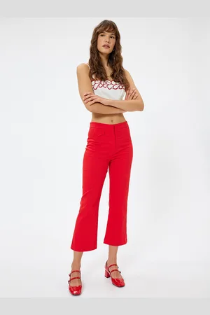 Koton Women Solid Flared Cropped Cotton Regular Trousers