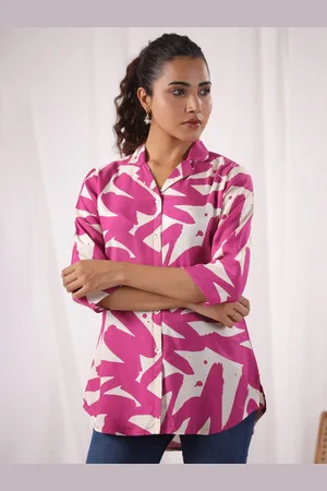 JISORA Women Abstract Printed Cuban Collar Pure Silk Top