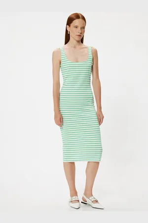 Koton Women Shoulder Straps Striped Bodycon Midi Dress