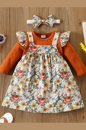 BAESD Girls Floral Print Pinafore Dress with Top & Headband