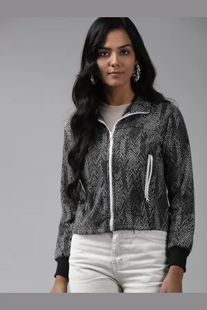 Cayman Women Chevron Printed Mock Collar Cotton Front-Open Sweatshirt
