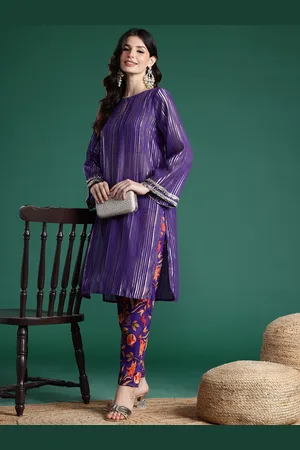 Sangria Striped Thread-Work Lurex Kurta with Trousers & Top
