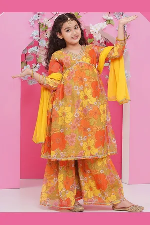 Bhama Girls Floral Printed Empire Gotta Patti Kurta with Sharara & With Dupatta