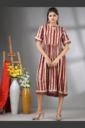 Charukriti Women Striped Printed Fit and Flare Midi Ethnic Dresses