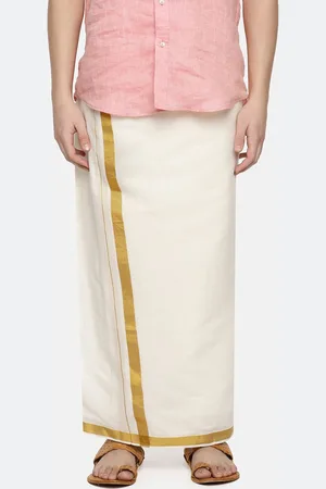 WHITE HEART Men Solid Pure Cotton Solid Dhoti With Gold Zari Border