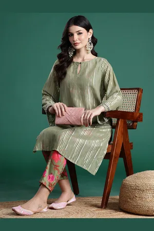 Sangria Striped Thread-Work Lurex Kurta with Trousers & Top