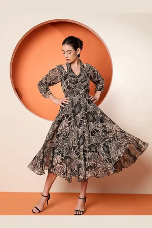 Antheaa Women Embellished Floral Printed Puff Sleeve Fit & Flare Midi Dress