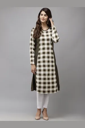 Cayman Checked Printed Round Neck A-line Kurta