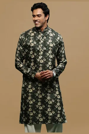 Sanwara Floral Printed Mandarin Collar Linen Straight Kurta