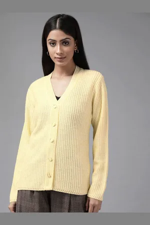 Cayman Women Cable Knit V-Neck Wool Cardigan Ribbed Sweater