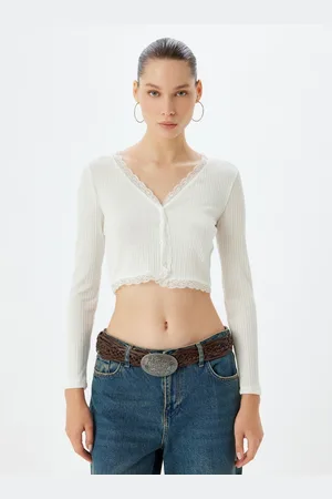 Koton Women Self Design Lace Inserts Crop Top