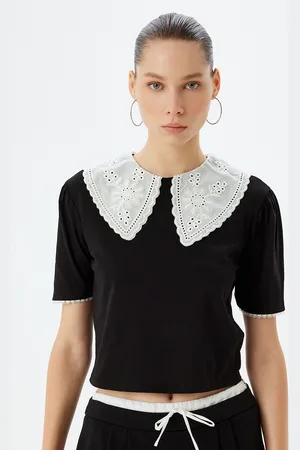 Koton Women Solid Peter Pan Collar Cotton T-shirt